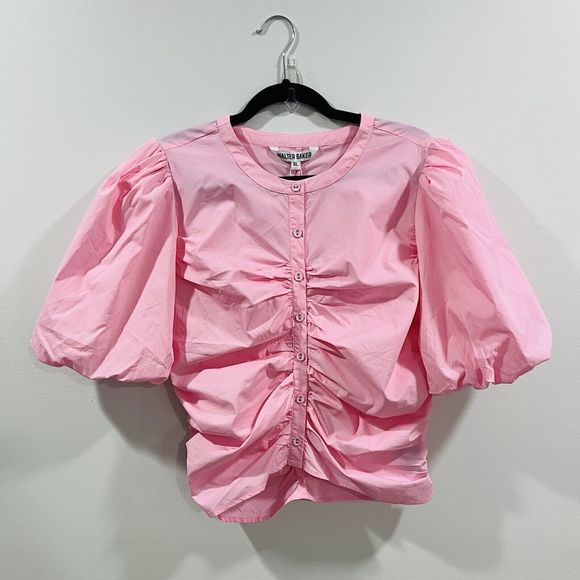 Walter Baker XS Ruched Janet Top Pink Button Cotton Poplin $158 W53468 Easter - Picture 5 of 14